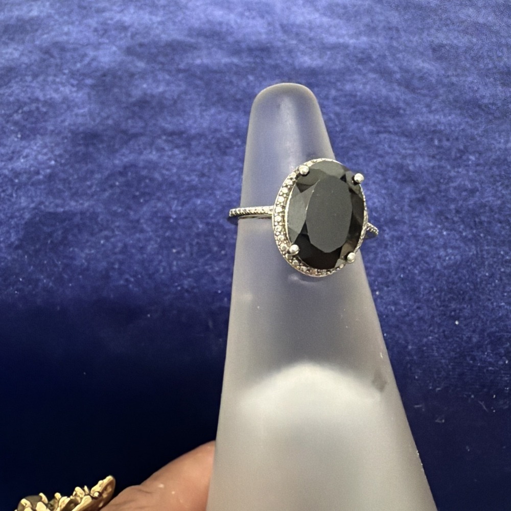 STS 925 Sterling Silver Spinel 16mm Black Onyx CZ Ring Size 9